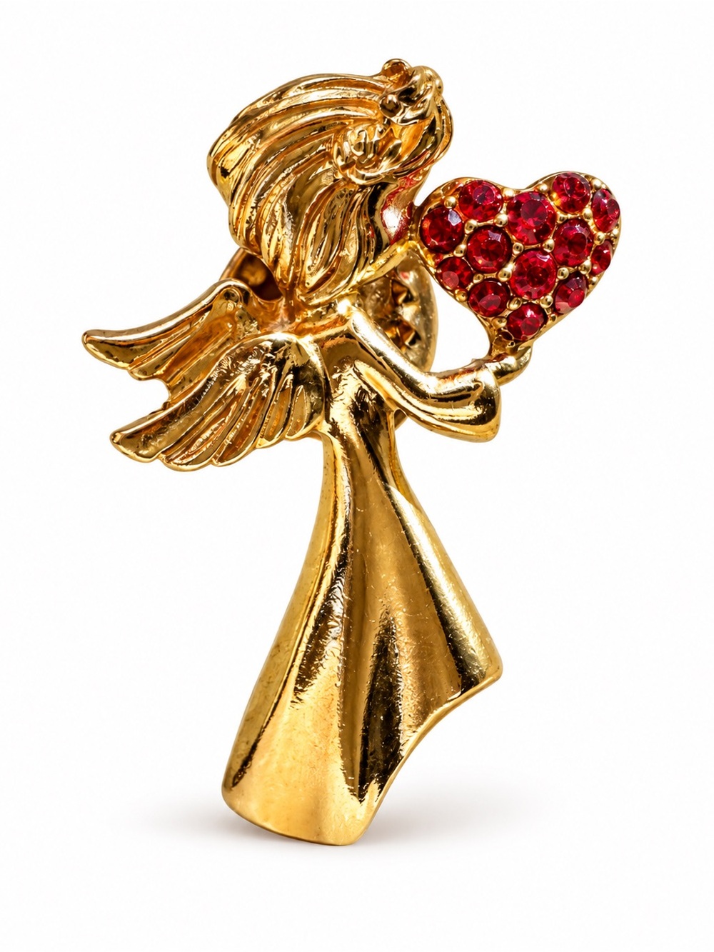 Vintage NR Angel Brooch Red Rhinestone Heart Gold Tone Pin